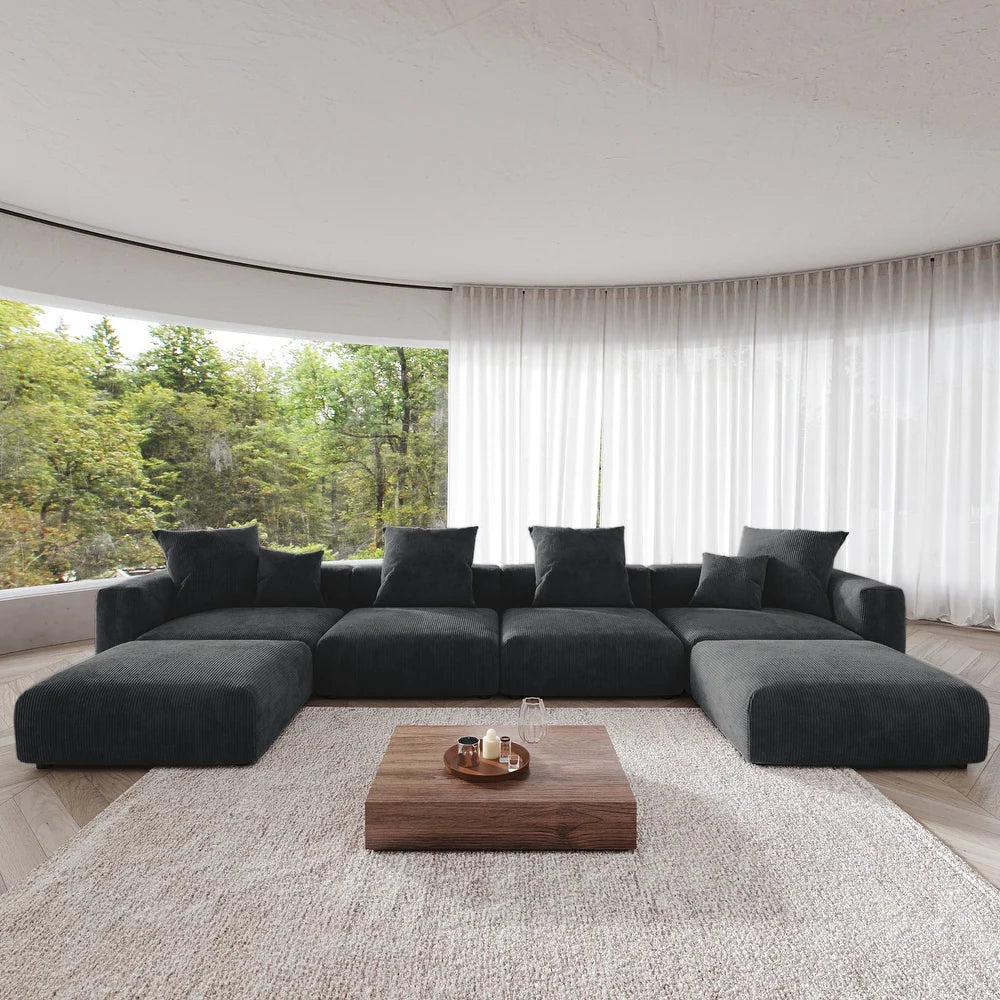 U-Shaped Corduroy Modular 9-Seater Sectional Couch With Ottomans