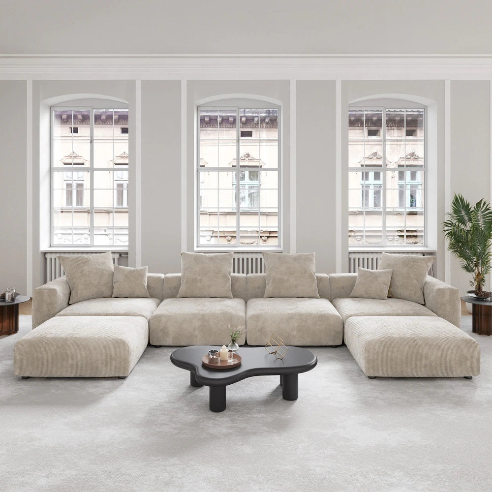 U-Shaped Corduroy Modular 9-Seater Sectional Couch With Ottomans