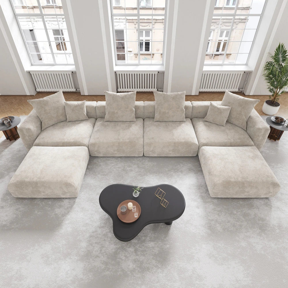 U-Shaped Corduroy Modular 9-Seater Sectional Couch With Ottomans