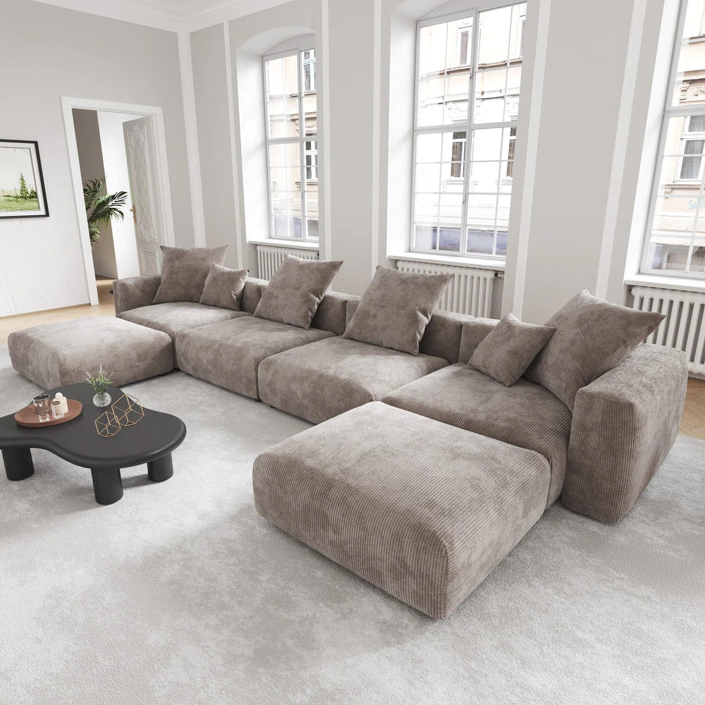 U-Shaped Corduroy Modular 9-Seater Sectional Couch With Ottomans