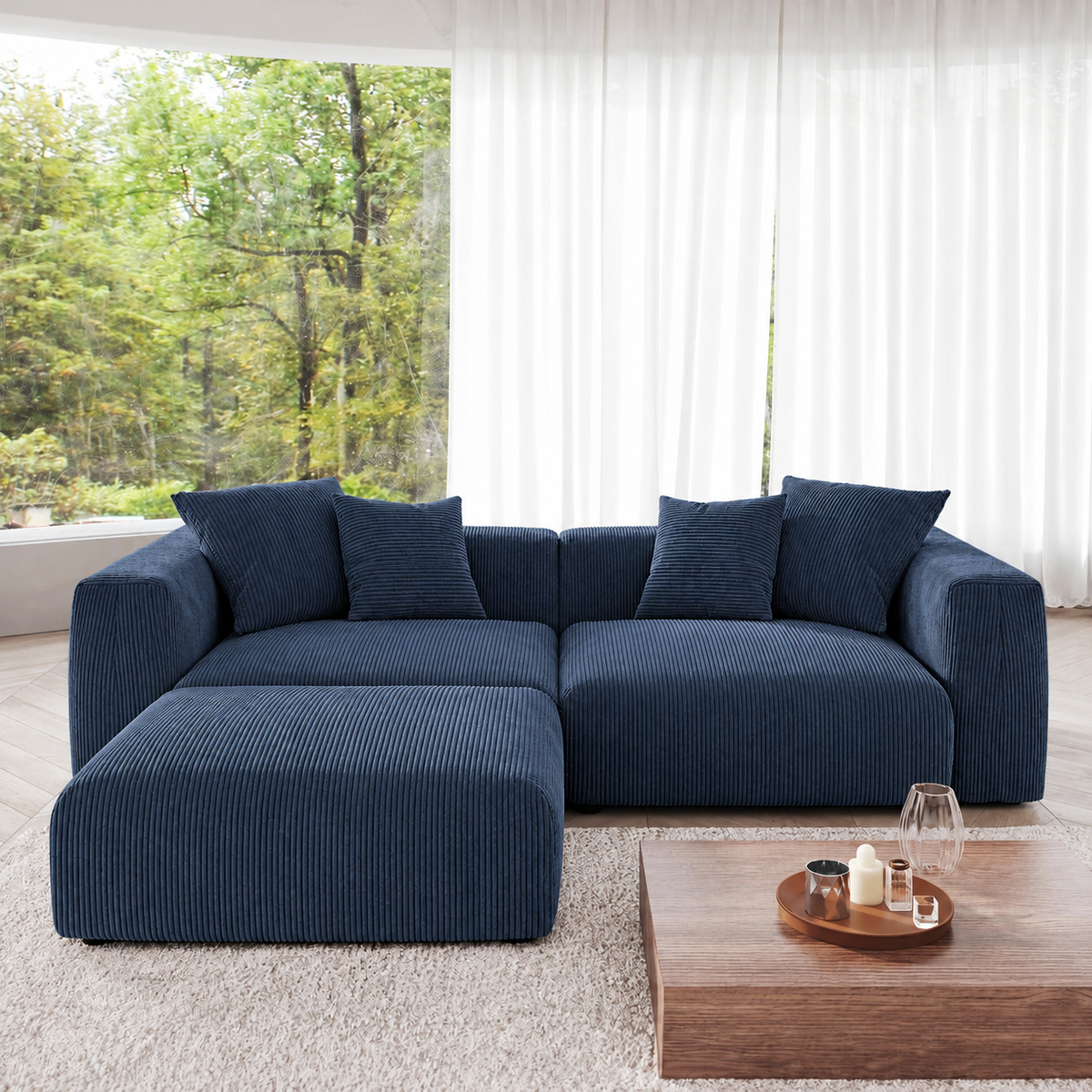 Corduroy Modular 3-Seater Sectional Couch With Ottoman