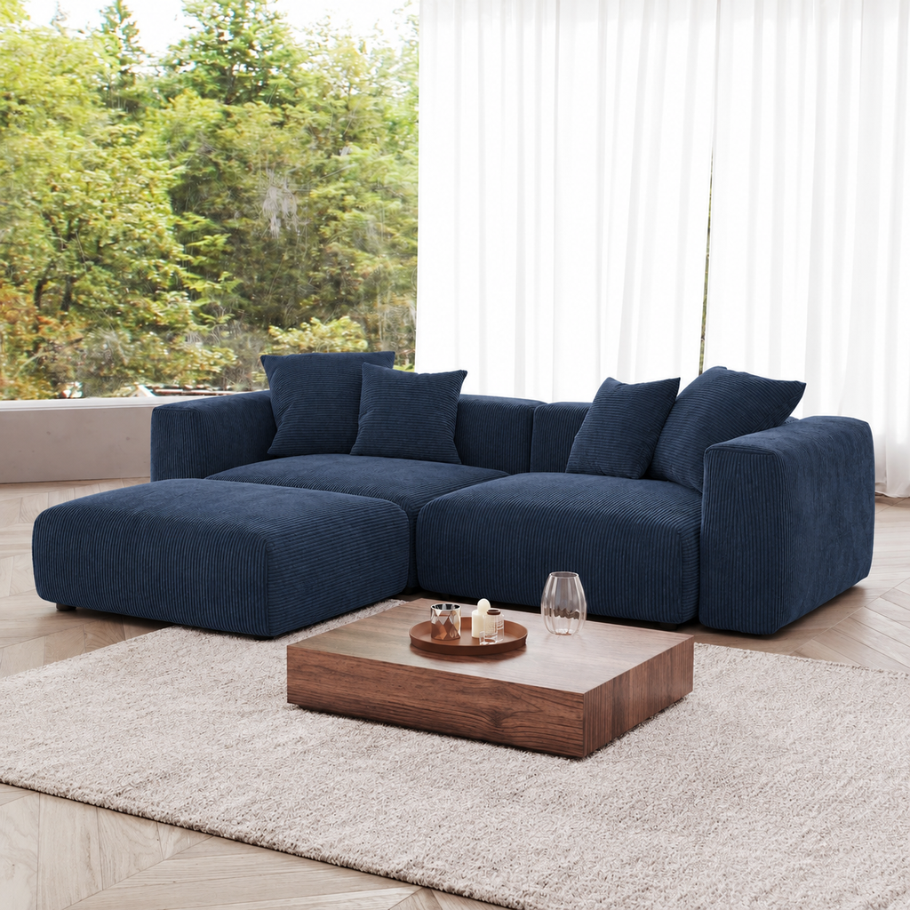 Corduroy Modular 3-Seater Sectional Couch With Ottoman