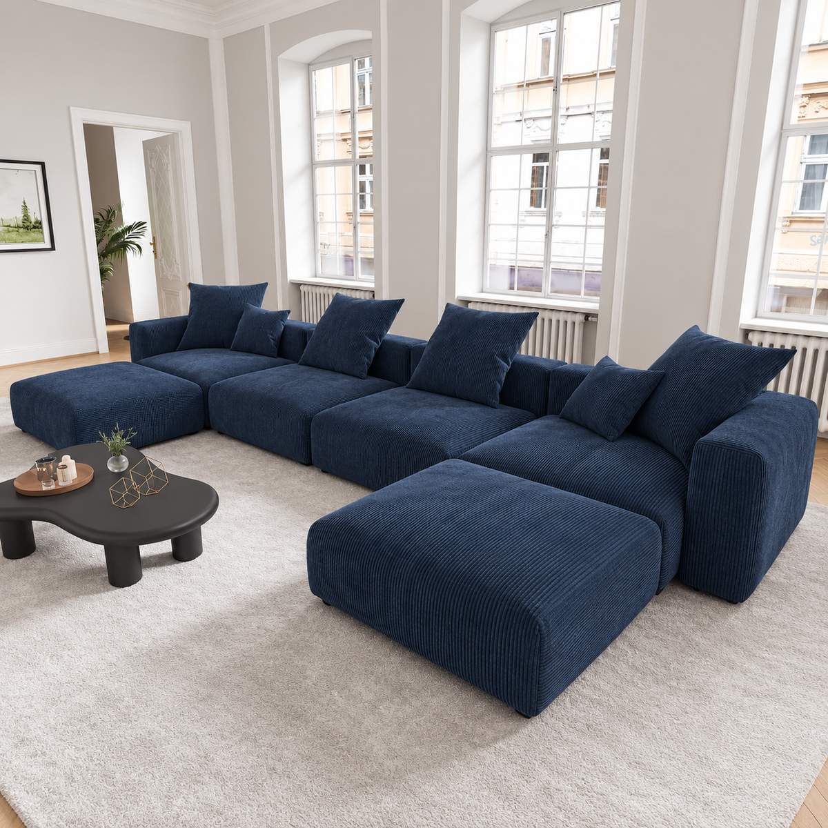 U-Shaped Corduroy Modular 9-Seater Sectional Couch With Ottomans