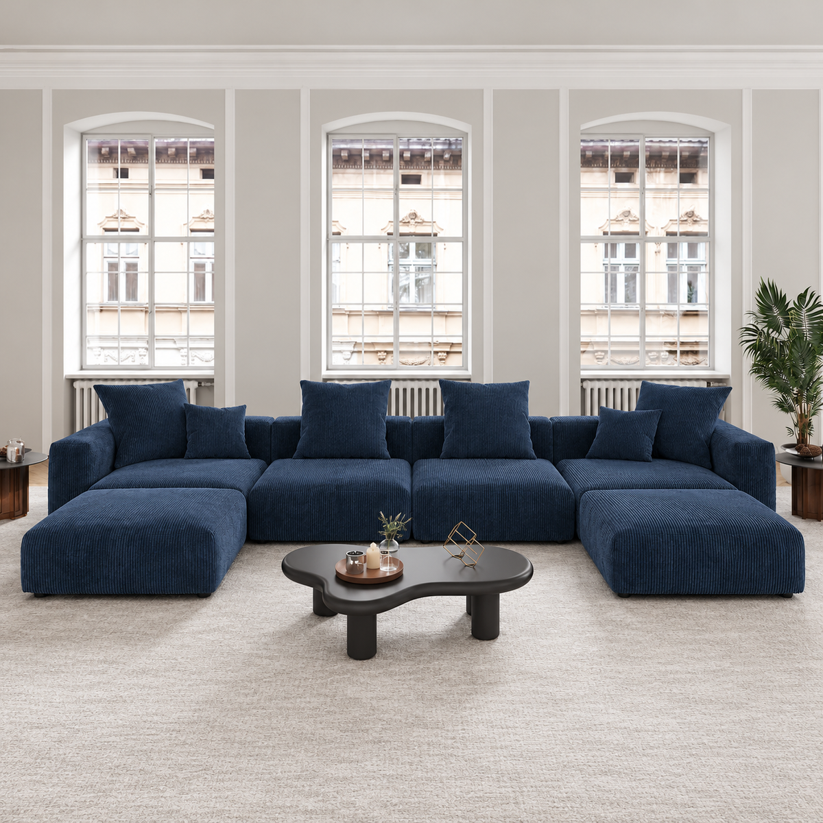 U-Shaped Corduroy Modular 9-Seater Sectional Couch With Ottomans