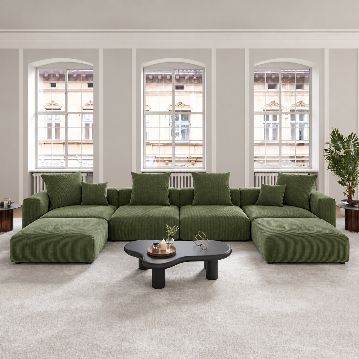 U-Shaped Corduroy Modular 9-Seater Sectional Couch With Ottomans