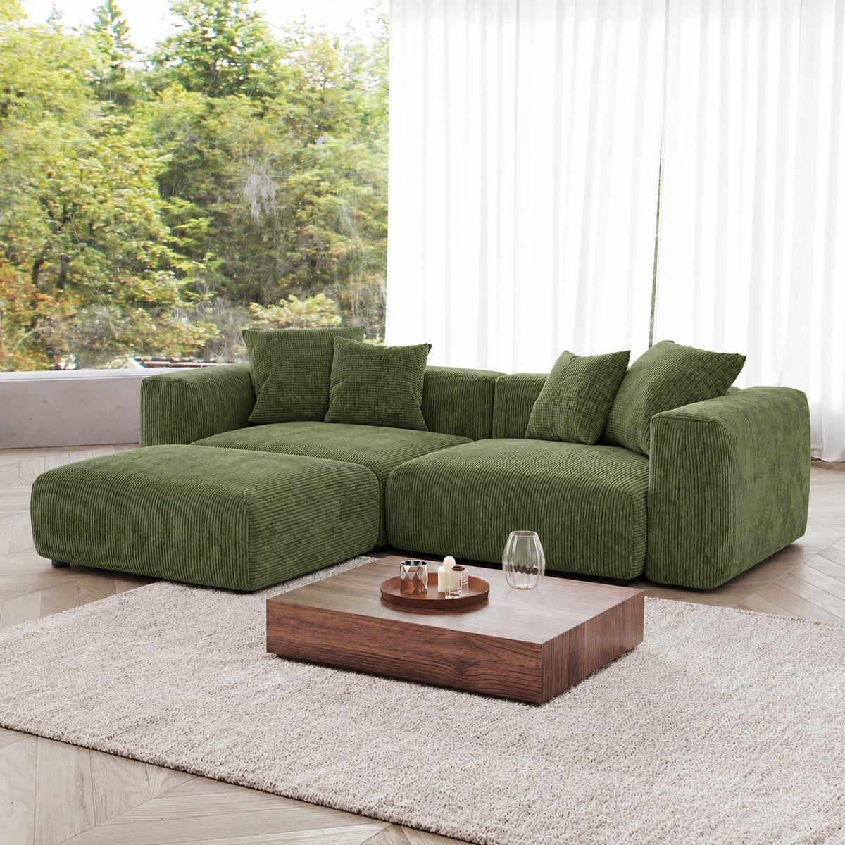 Corduroy Modular 3-Seater Sectional Couch With Ottoman